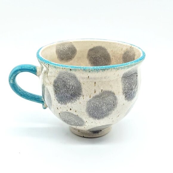 Crate & Barrel Blue Trim Grey Dot Ceramic Mug - Picture 1 of 7